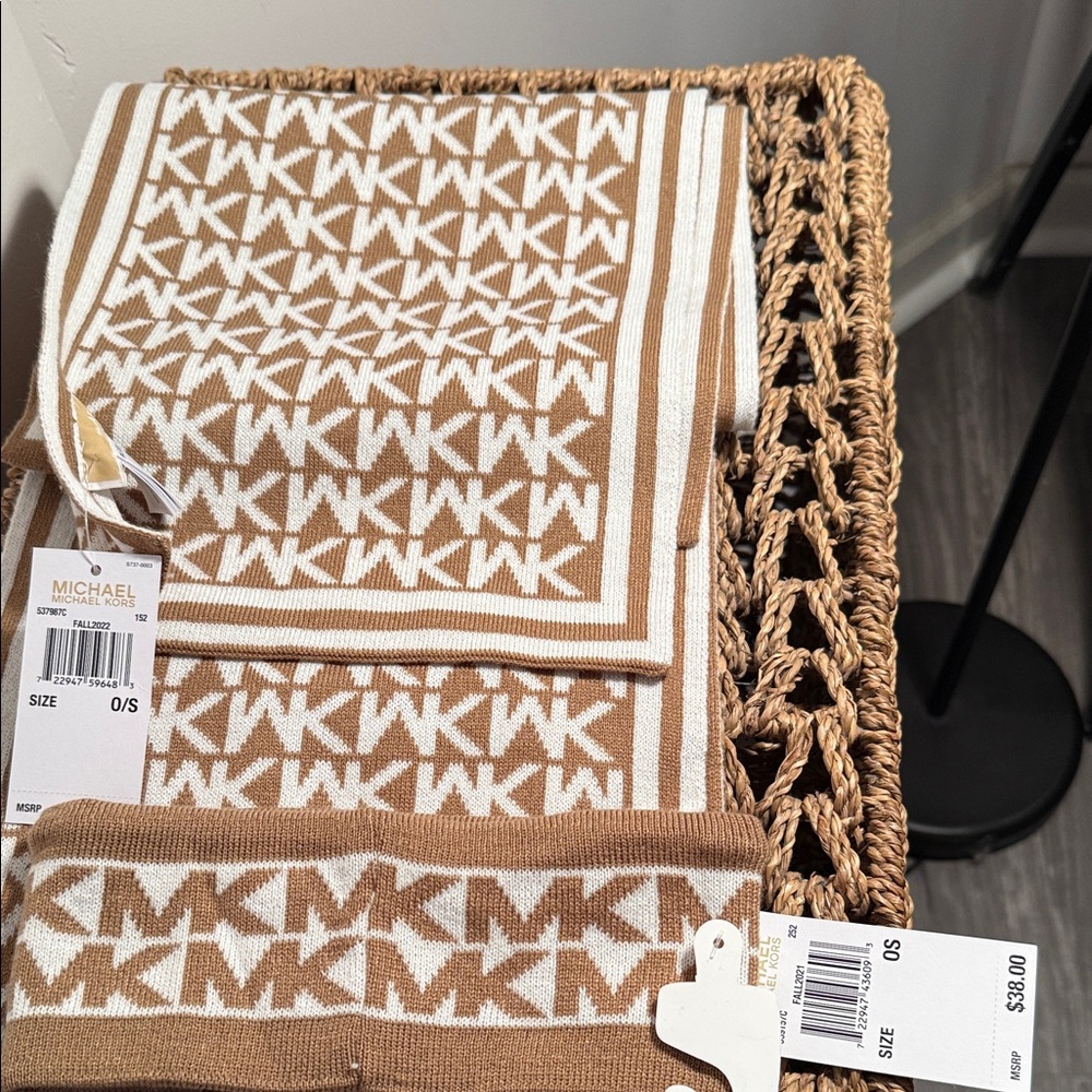 Michael Kors Tan and White Monogram Scarf and ear warmers